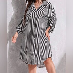 NEW 1 XL SHEIN Clasi Plus Striped Pocket Detail Button Through Shirt Dress